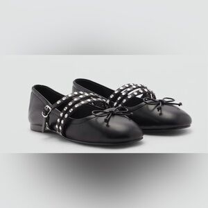 MANGO Women’s Silver STUDDED Black BALLET FLATS WITH STRAPS Size 35/5
